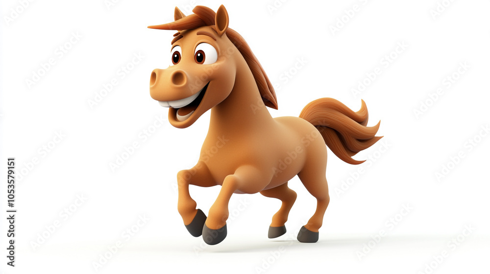 Obraz premium A cheerful cartoon horse galloping joyfully on a white background, showcasing playfulness and energy