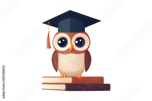 Cute owl wearing a graduation cap, sitting on stacked books, isolated on white background. photo