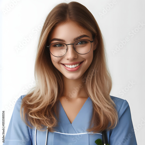 A warm vector illustration of a smiling female nurse wearing glasses and a blue uniform against a white background. Ideal for healthcare themes, medical promotions, and nursing profession.