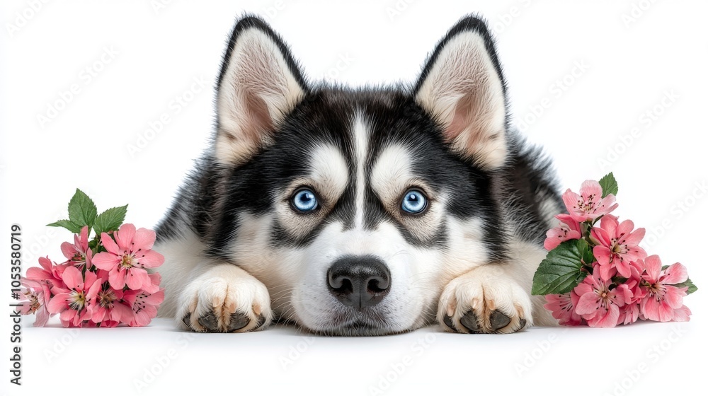Adorable Siberian Husky Puppy with Flowers Adorable Siberian Husky Puppy with Flowers