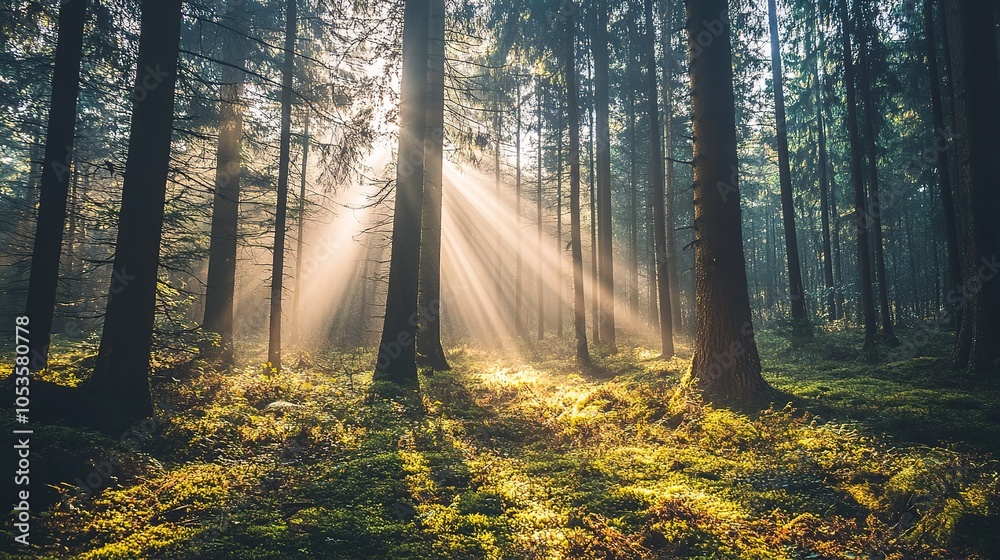 Obraz premium Sunlight filtering through tall trees in a serene forest at dawn, creating a peaceful and enchanting atmosphere