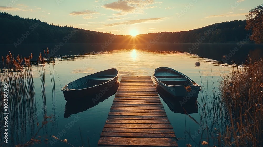 Obraz premium Sunset over tranquil lake with boats docked near wooden pier surrounded by lush greenery during summer evening