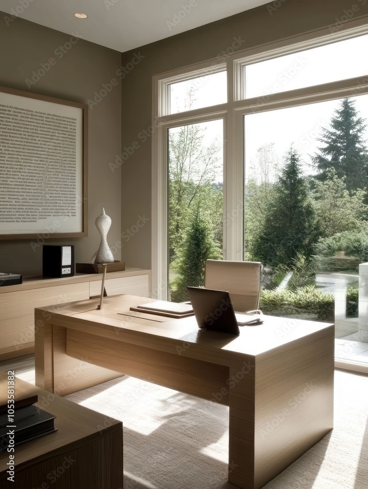 Fototapeta premium A modern office space with a wooden desk, laptop, and large windows overlooking greenery.
