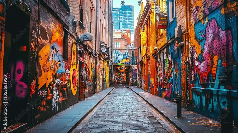 Fototapeta premium Colorful graffiti adorns a narrow alleyway in the heart of an urban city during late afternoon