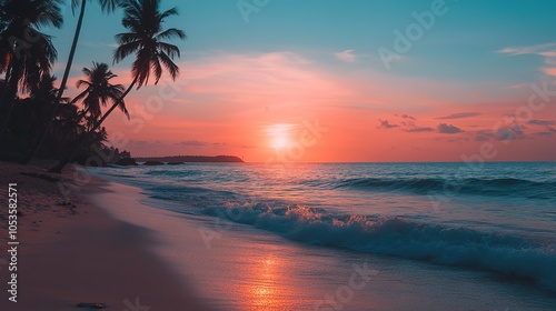 Sunset over a serene tropical beach with gentle waves and silhouetted palm trees in the evening sky