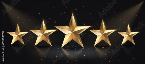 five star award, gold stars on black background. Vector illustration