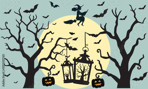 This Halloween-themed design features a silhouette of a witch flying across a full moon, surrounded by bats, spooky trees, jack-o'-lanterns, and eerie lanterns, creating a haunting atmosphere