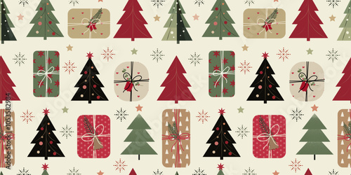 Seamless pattern with minimalist Christmas trees and gift boxes in retro style. Soft shades of red, green, beige, and gold create a festive holiday design with geometric trees, decorative gift boxes