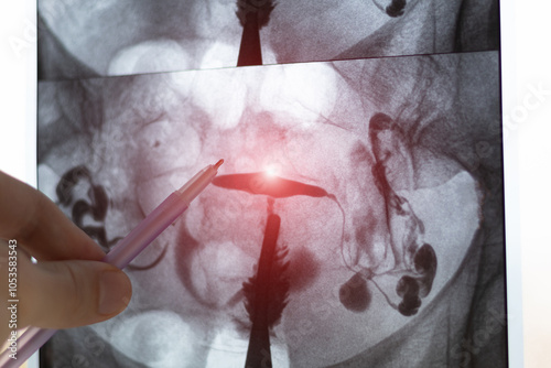 Doctor examining X-ray image of Hysterosalpingography (HSG). MRI with contrast agent. Uterine tubes, analysing female reproductive system. Infertility treatment.