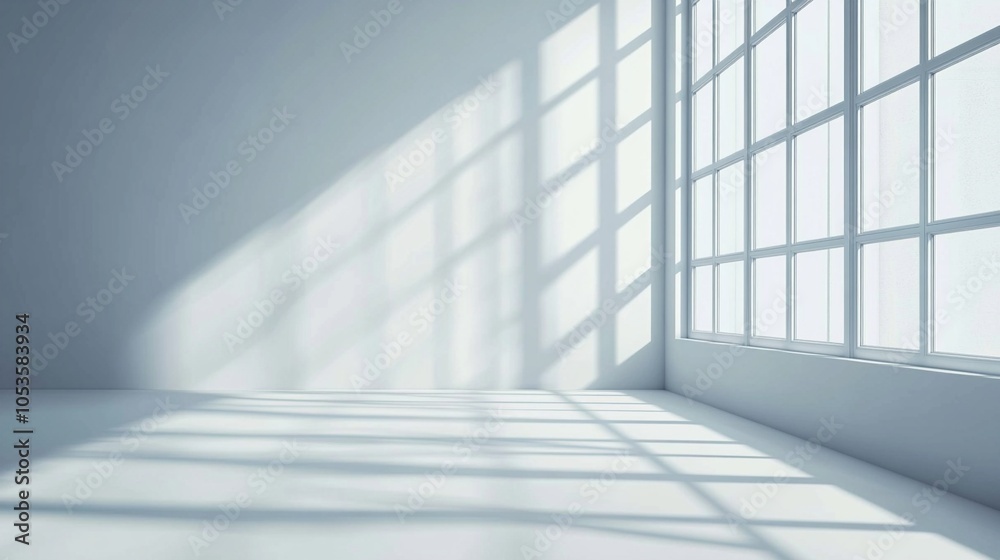 Sunlight streaming through large windows casts geometric shadows on white walls and floor, creating a serene and minimalist interior space with clean lines. Sunlight streaming through large windows casts geometric shadows on white walls and floor, creating a serene and minimalist interior space with clean lines.