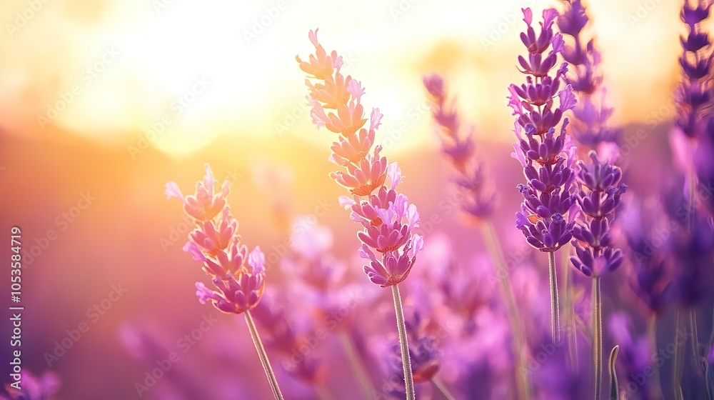 Obraz premium Golden sunset illuminating a field of lavender flowers in bloom near a scenic mountain landscape, evoking serene beauty