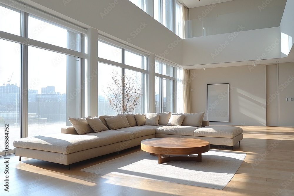 Fototapeta premium A mid century modern interior with a large window and a spacious living room with a sofa and table. Generative AI 