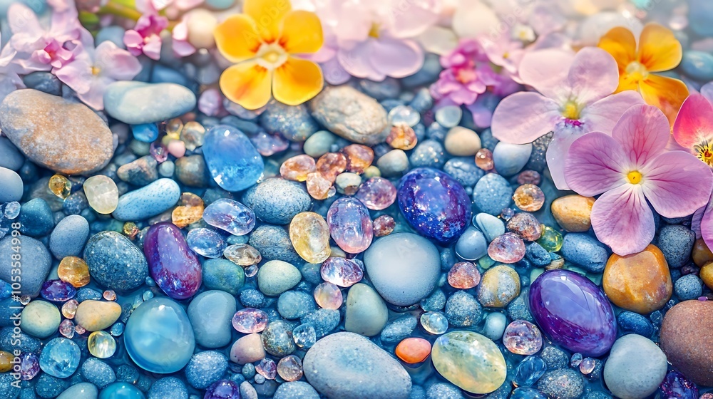 Watery Flowers Resting On Smooth River Rocks Watery Flowers Resting On Smooth River Rocks