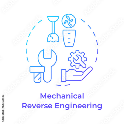 Mechanical reverse engineering blue gradient concept icon. Analyzing, replicating, understanding mechanical parts. Round shape line illustration. Abstract idea. Graphic design. Easy to use in article