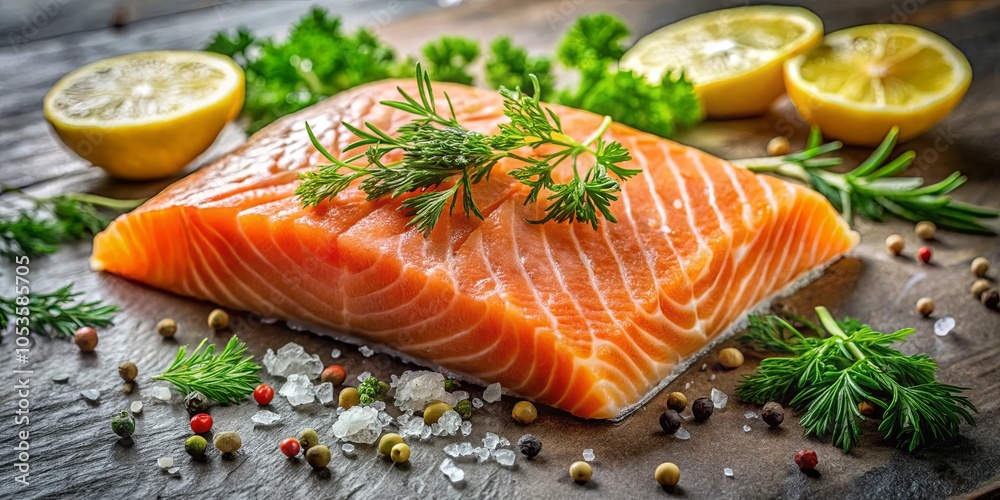A fresh salmon fillet, ready to be cooked, lies on a wooden surface, surrounded by sprigs of fresh herbs, lemon wedges, and a scattering of salt and peppercorns. A fresh salmon fillet, ready to be cooked, lies on a wooden surface, surrounded by sprigs of fresh herbs, lemon wedges, and a scattering of salt and peppercorns.
