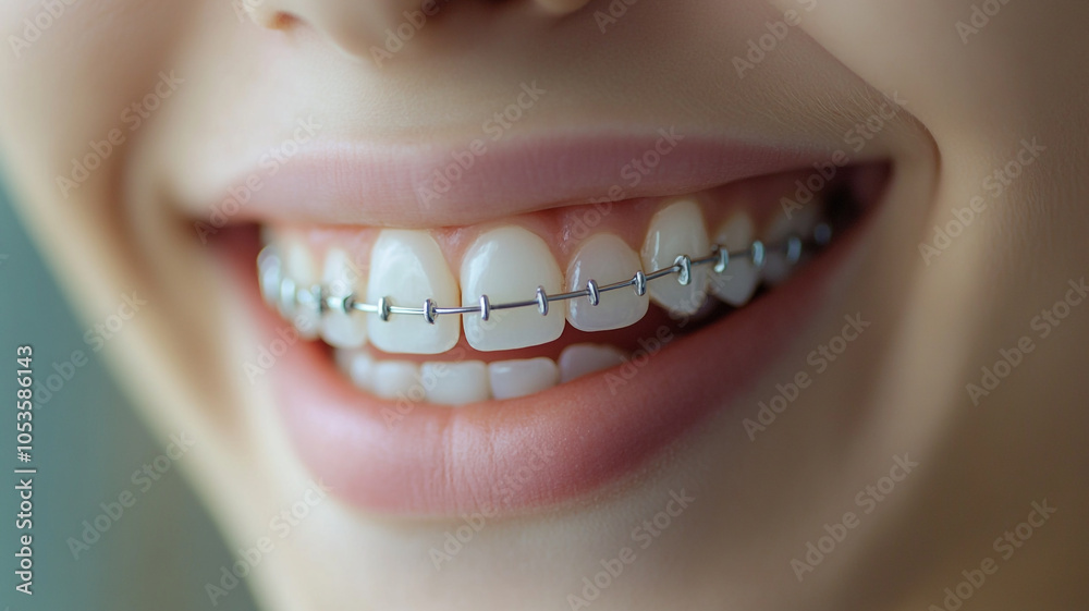 Fototapeta premium Smiling teenager with braces showcases dental work and oral care in a close-up shot