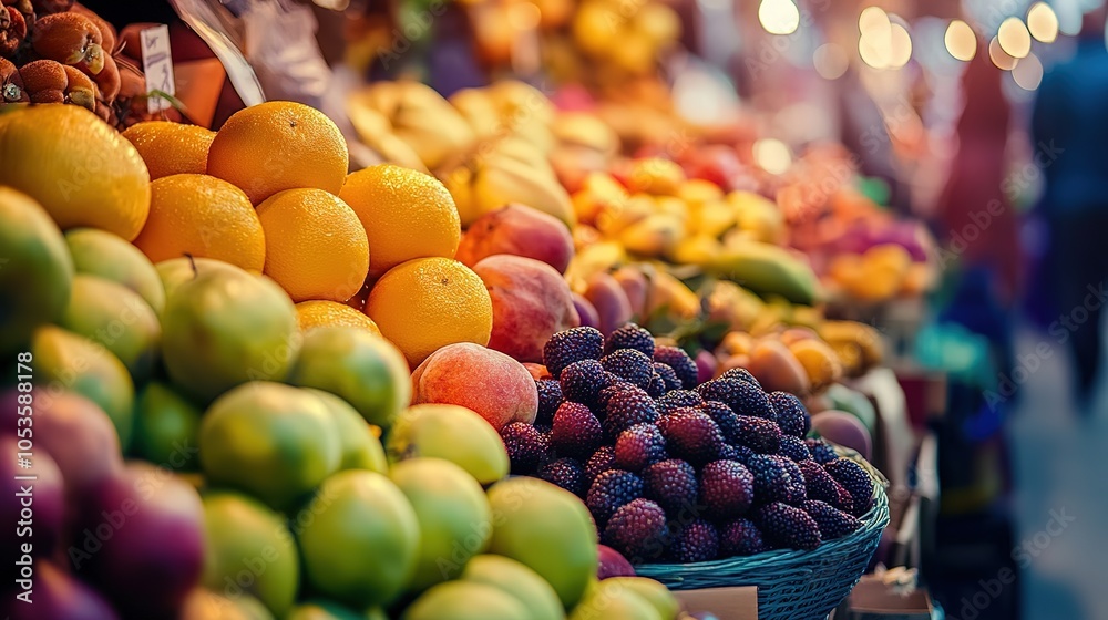 Vibrant market display of fresh fruits including apples, berries, and oranges at a bustling local market during the late afternoon Vibrant market display of fresh fruits including apples, berries, and oranges at a bustling local market during the late afternoon