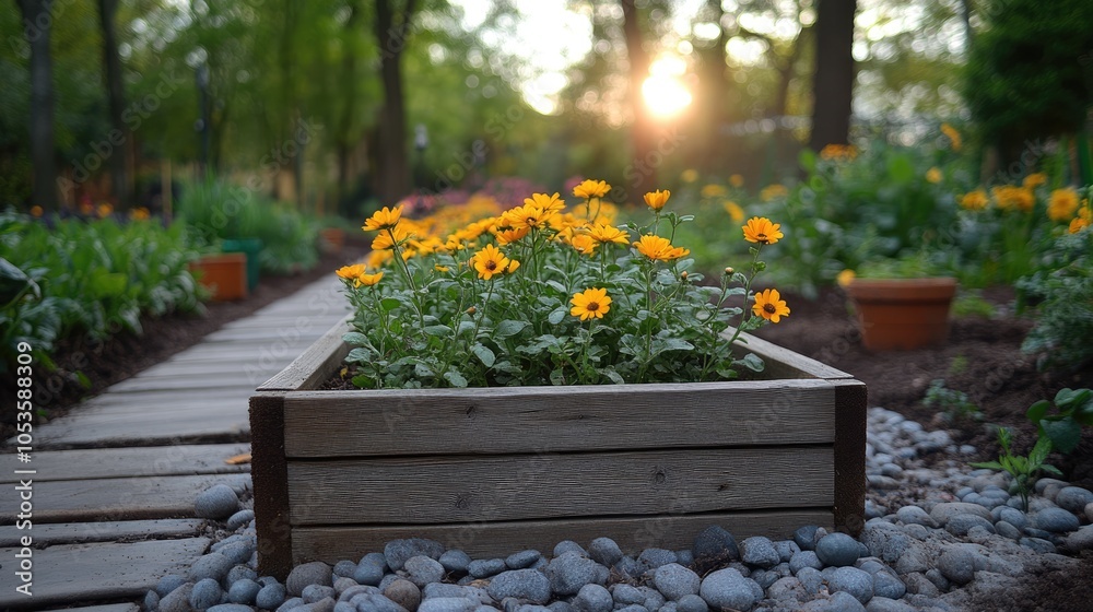 Wooden Planter with Yellow Flowers in a Garden Setting Wooden Planter with Yellow Flowers in a Garden Setting