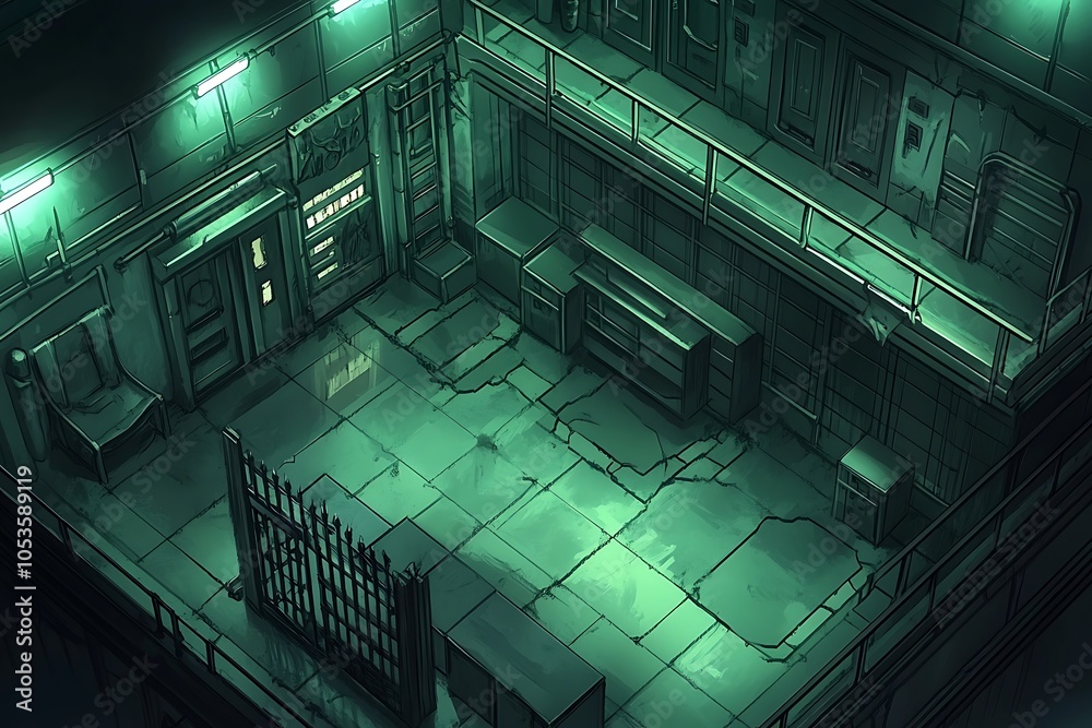 Obraz premium A Top Down View of a Cracked Tile Floor in a Dark Green, Modern Building.