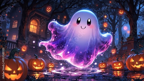 Image of a cute ghost flying on the night city photo