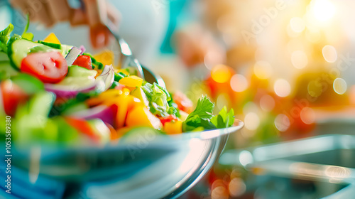 A skilled hand tosses together a medley of fresh vegetables and herbs in a gleaming bowl, capturing the joy of healthy cooking in a sunlit kitchen