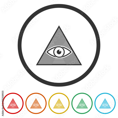 Eye of Providence icon. Masonic symbol. Set icons in color circle buttons