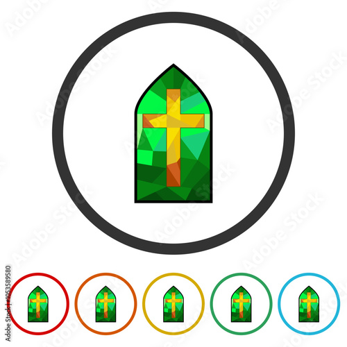 Cross in stained glass style icon. Set icons in color circle buttons