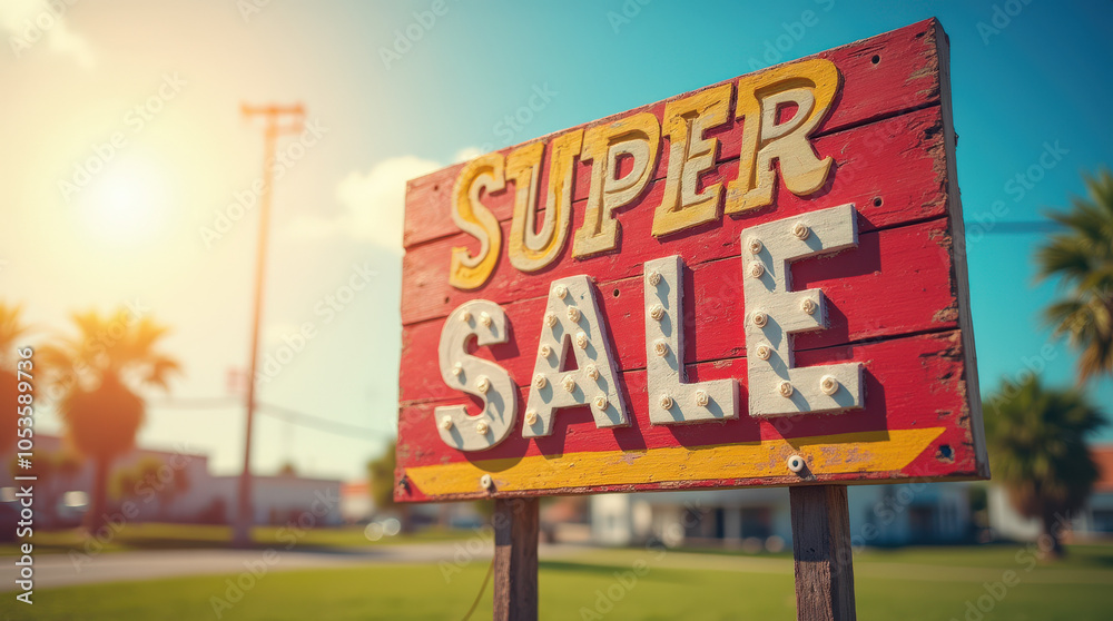Colorful Super Sale Sign on Bright Sunny Day – Eye-Catching Stock Image for Marketing & Promotion Colorful Super Sale Sign on Bright Sunny Day – Eye-Catching Stock Image for Marketing & Promotion