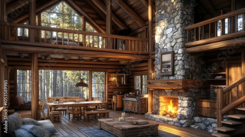 Rustic log cabin with a stone fireplace and cozy loft.