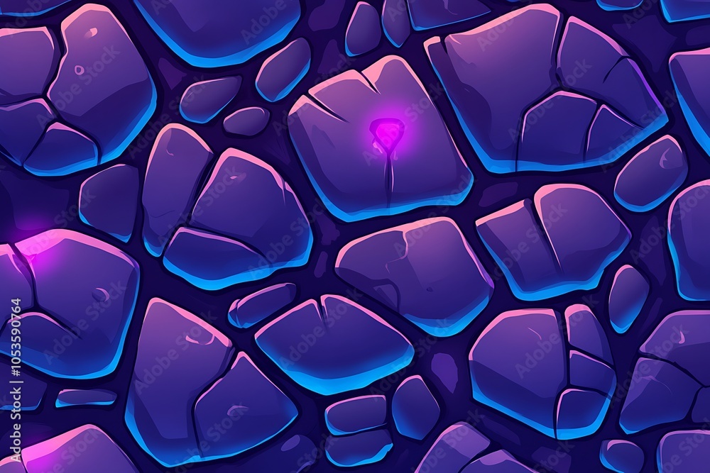 Abstract Seamless Pattern of Glowing Purple and Blue Stones.
