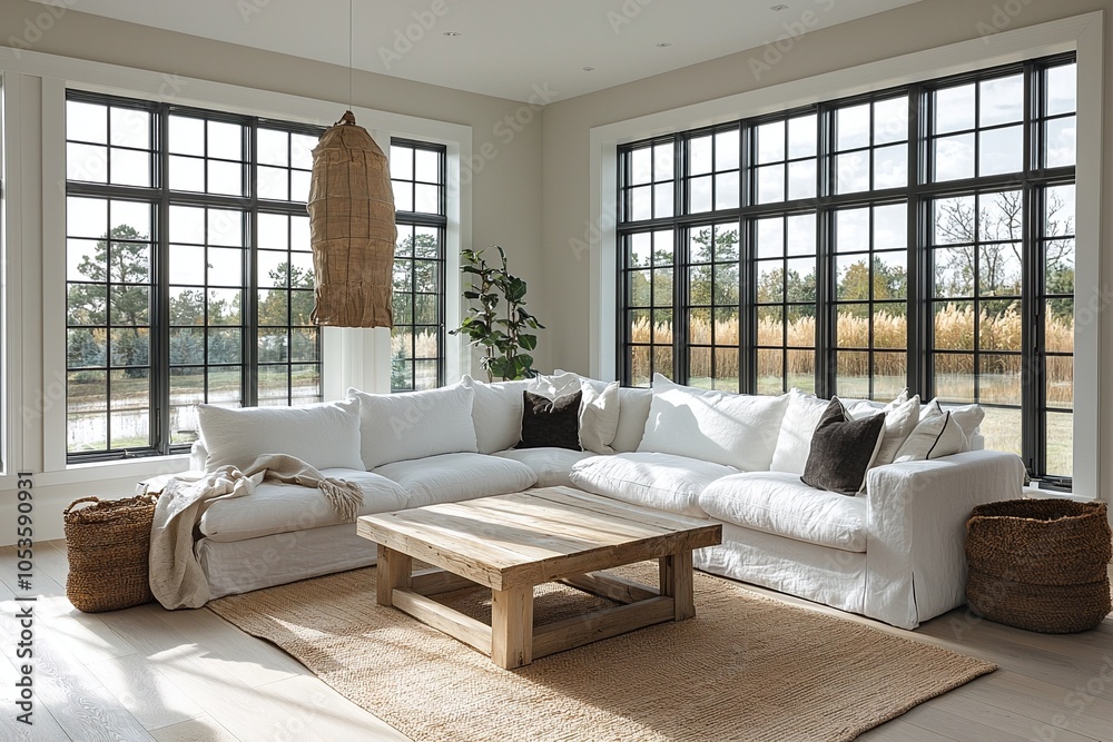 Fototapeta premium A mid century modern interior in a living room with a view of windows made from black window frames and a sofa and table. Generative AI 
