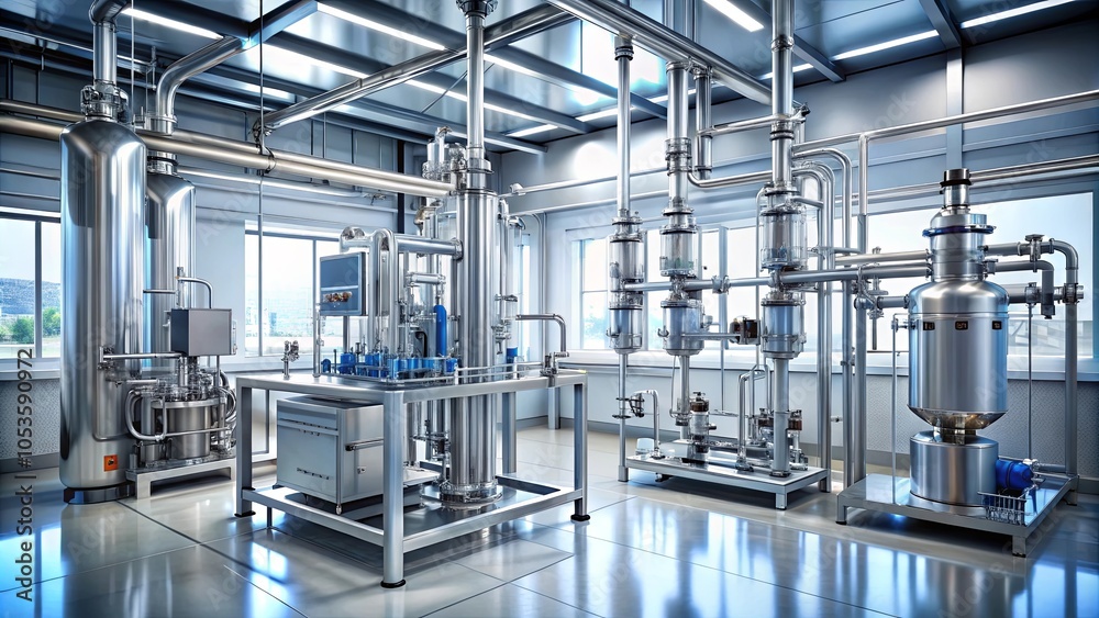 Obraz premium A sterile, industrial setting with gleaming stainless steel equipment and intricate piping systems, showcasing the meticulous precision of modern manufacturing processes.