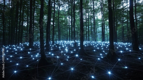 A captivating nighttime forest scene is alive with interconnected blue glowing orbs, creating a surreal and mystical atmosphere among the towering trees. photo