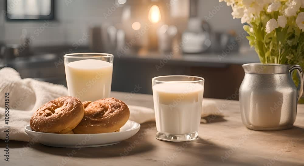 Fresh milk in glass next to fresh bakery items cozy morning light inviting atmosphere copy space 4K Fresh milk in glass next to fresh bakery items cozy morning light inviting atmosphere copy space 4K
