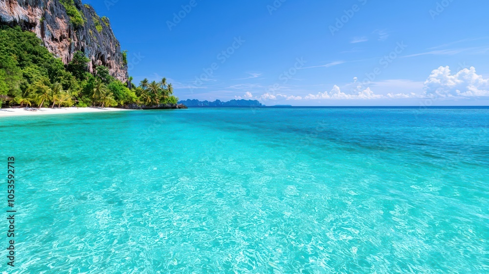 Fototapeta premium Tropical Thai island with clear blue waters, palm trees swaying in the breeze, exotic paradise