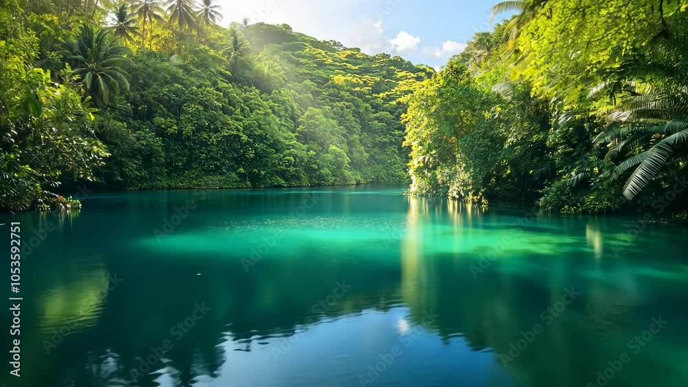 A calm lagoon in a tropical jungle, surrounded by lush greenery