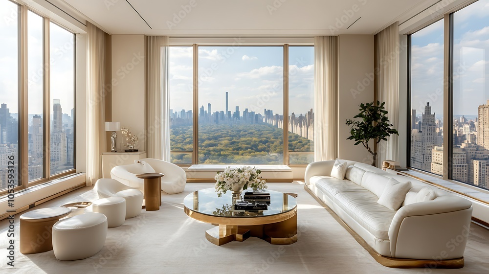 Fototapeta premium Modern living room with city view and elegant decor.