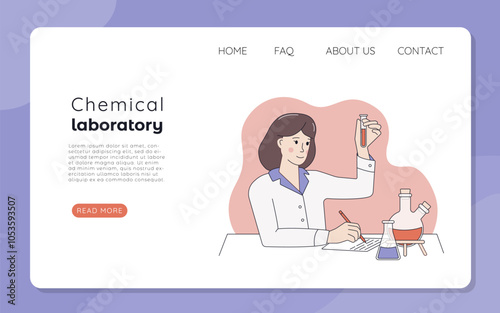 Web banner or landing page of a chemical laboratory. A woman scientist or chemist conducting an experiment