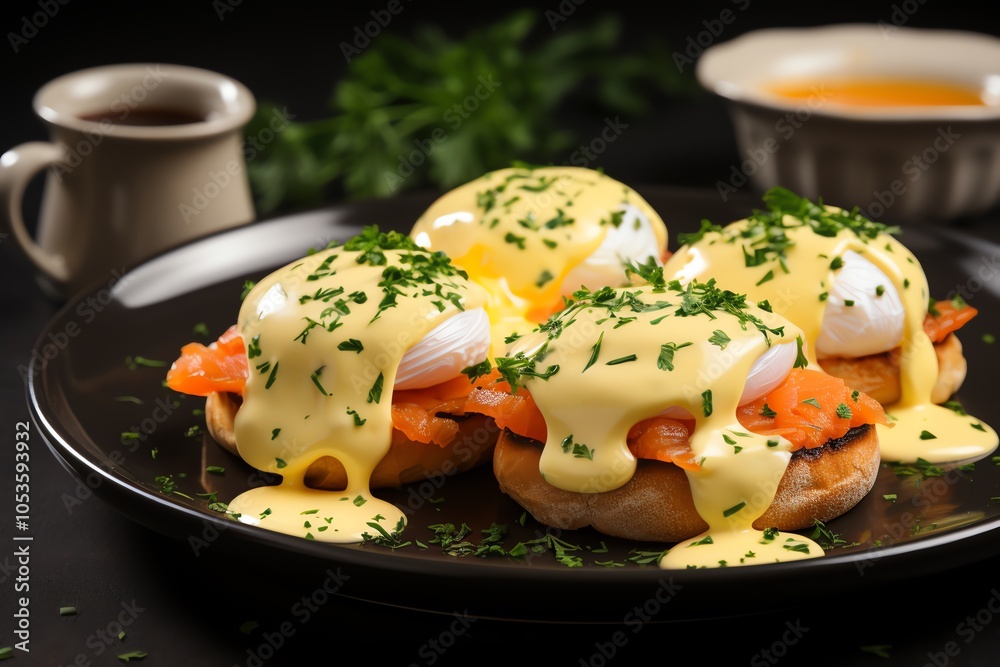 Four poached eggs with hollandaise sauce on toasted English muffins, topped with smoked salmon. Four poached eggs with hollandaise sauce on toasted English muffins, topped with smoked salmon.