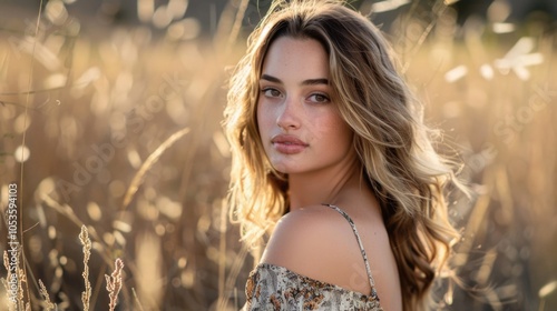 A woman stands amidst a lush field of tall grass