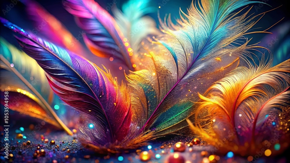 Fototapeta premium A symphony of iridescent feathers, bathed in a mesmerizing spectrum of hues, adorned with glittering dust, creating a mesmerizing, otherworldly spectacle.