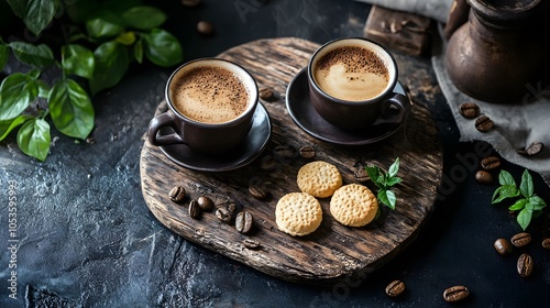 Two cups of coffee with cookies on a rustic wooden board.