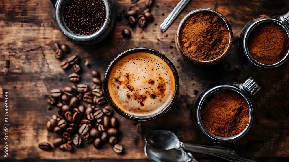 A rich coffee drink surrounded by ground coffee and spices on a wooden table. A rich coffee drink surrounded by ground coffee and spices on a wooden table.