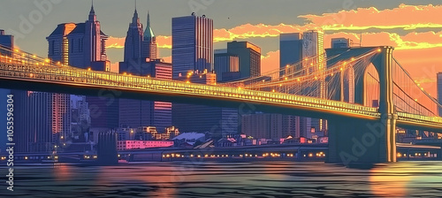brooklyn bridge night lighting new york city realistic illustration artistic east river bridge manhattan painting artwork panorama view