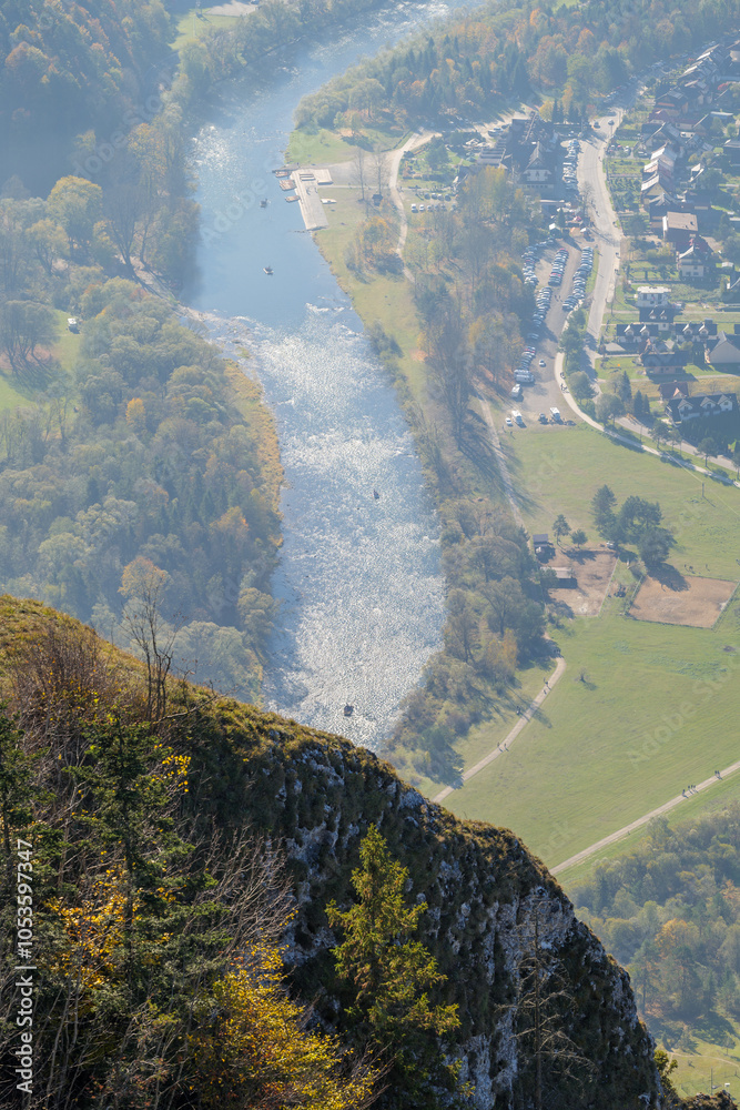 The Dunajec River from a bird's eye view. Rafts on the river. Rafting on the Dunajec River. Pienieny Mountains. Poland. Telephoto