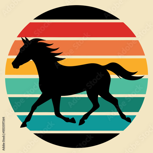 Horse Racing Silhouette on Retro Vintage Background Vector Art Illustration T-shirt Design Art