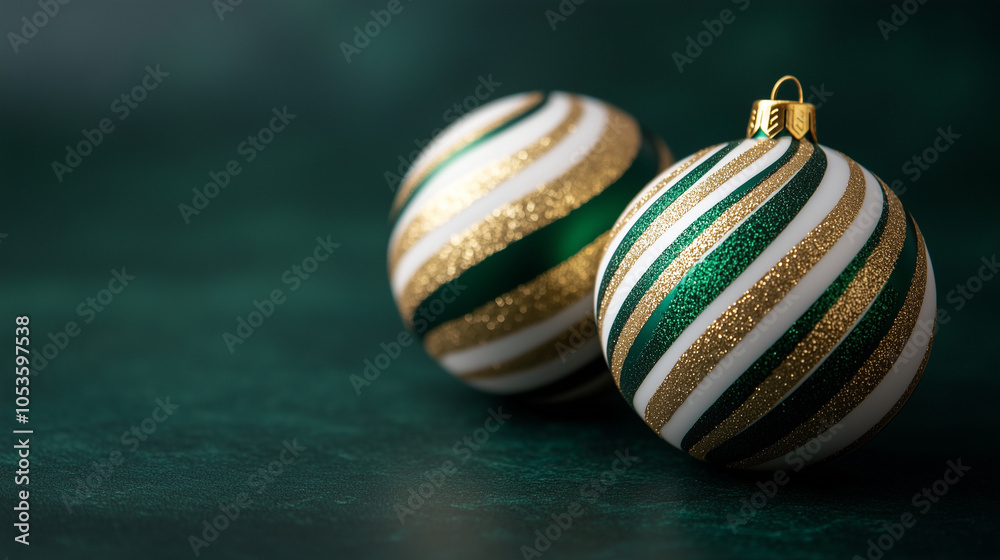 Fototapeta premium Two green and gold Christmas baubles