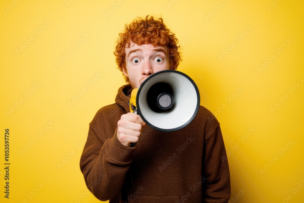 A person covering their mouth and nose with a megaphone, often used for public speaking or protest