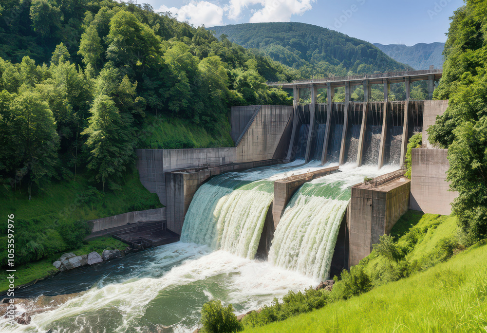 a hydroelectric dam nestled in lush green mountains, showcasing powerful water flow and renewable energy sources against a serene natural backdrop. a hydroelectric dam nestled in lush green mountains, showcasing powerful water flow and renewable energy sources against a serene natural backdrop.