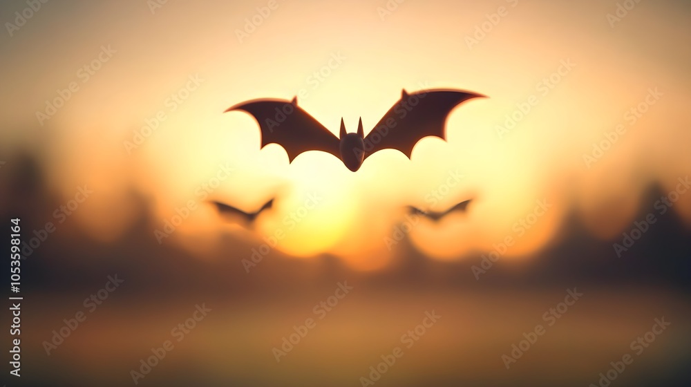 Naklejka premium Bats silhouetted against a glowing sunset sky